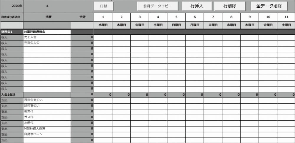 日次資金繰り表ブルーバード